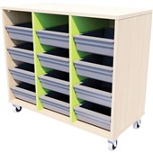 ZEALAND TOTE TRAY STORAGE UNIT MOBILE W892 X D425 X H900MM AGED ASH FRAME JUICY DIVIDERS